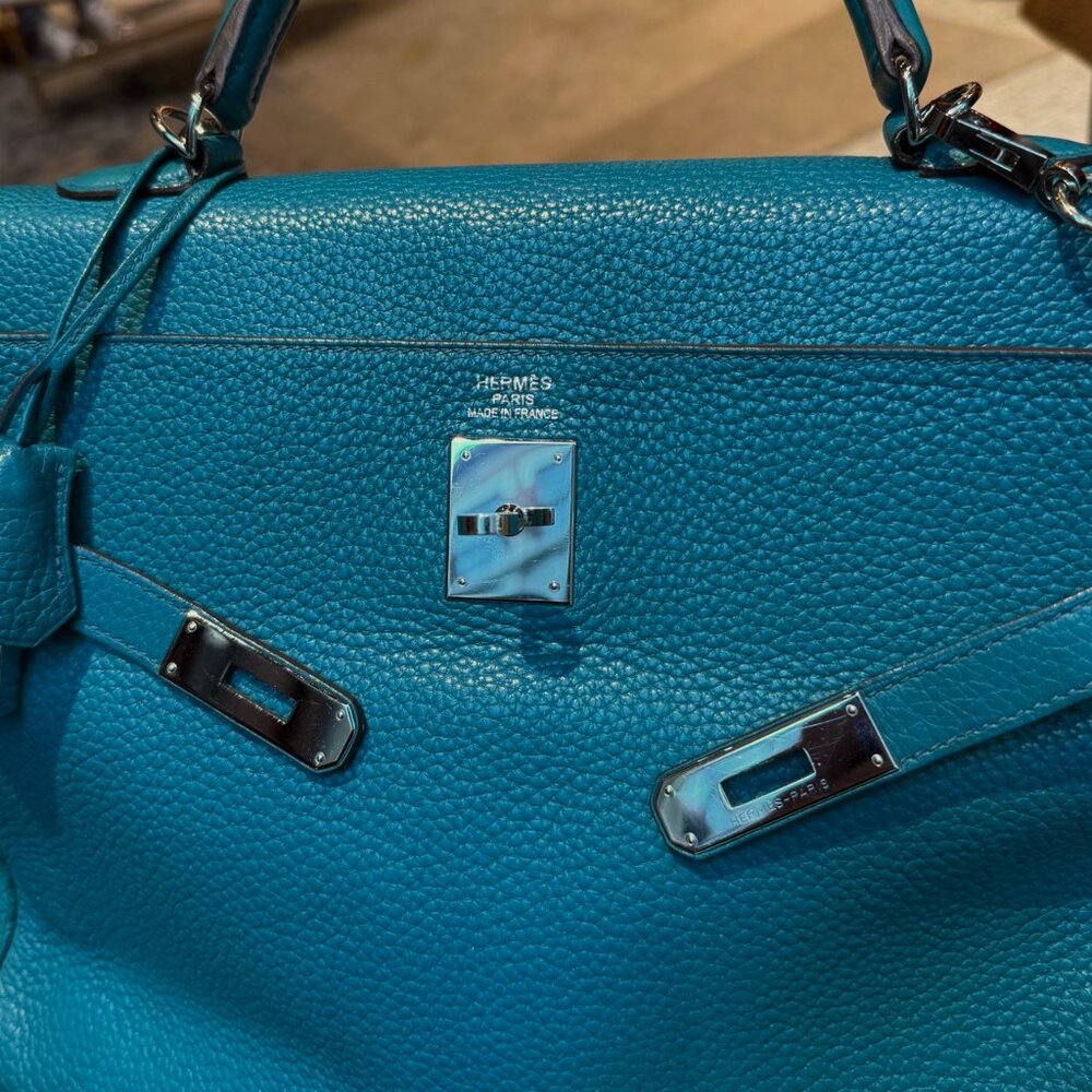Hermès 2013 Bleu Izmir Clemence Leather Kelly 35 Bag - Picture 12 of 16